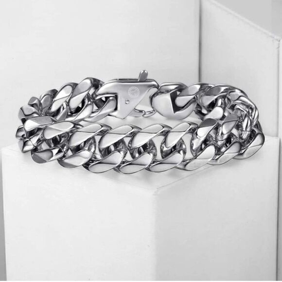 Men’s 15mm Wide Cuban Curb Stainless Bracelet - Picture 4 of 6